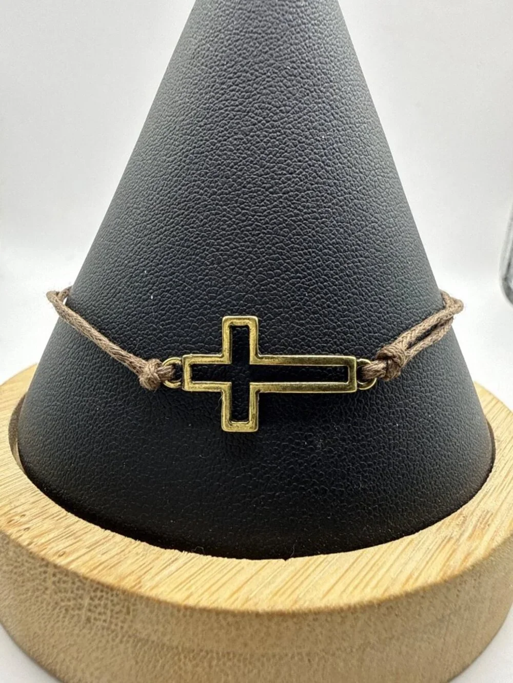 Gold Tone Sideways Hollow Cross Adjustable Cord Bracelet Faith Minimalist Charm